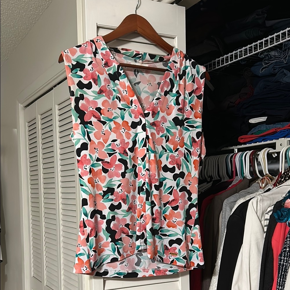 Calvin Klein Collection Pink and Orange Fitted Sleeveless Blouse